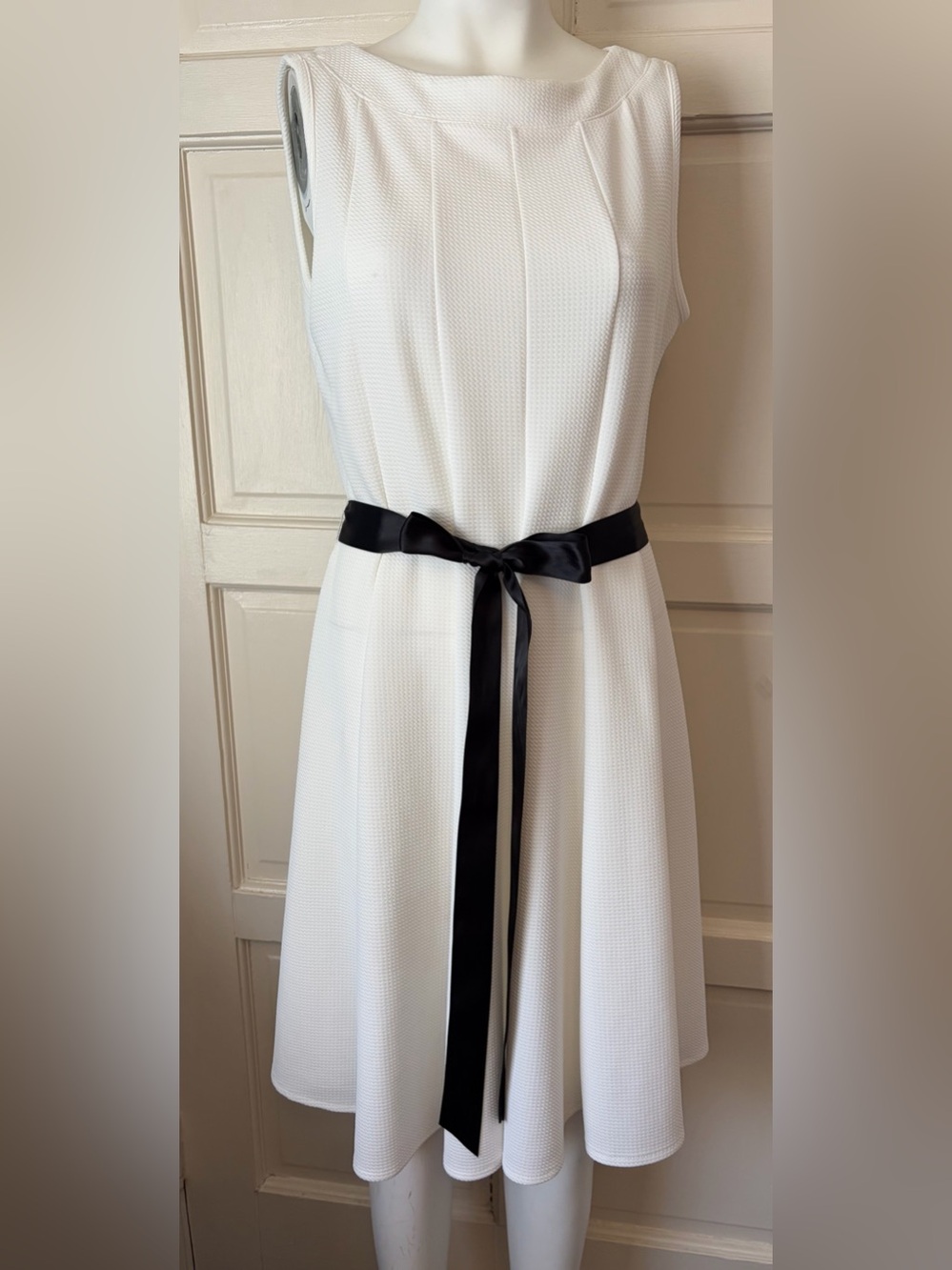 Haani White Textured Midi Dress with Black Satin Sash